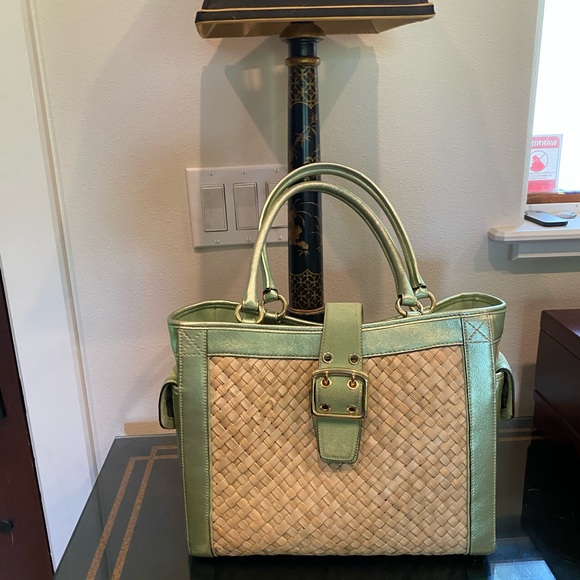 Coach Woven Satchel with Green Leather Trim Pre-owned - Picture 3 of 7